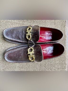 Salvatore Ferragamo Embossed Brown Leather Horsebit Loafers with Red Lining